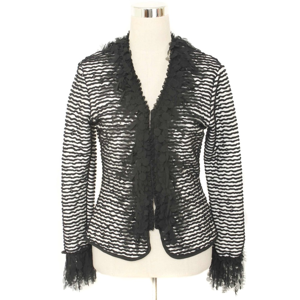 ANTONELLE White & Black Textured Knit Petal Chiffon Detail Blazer Jacket